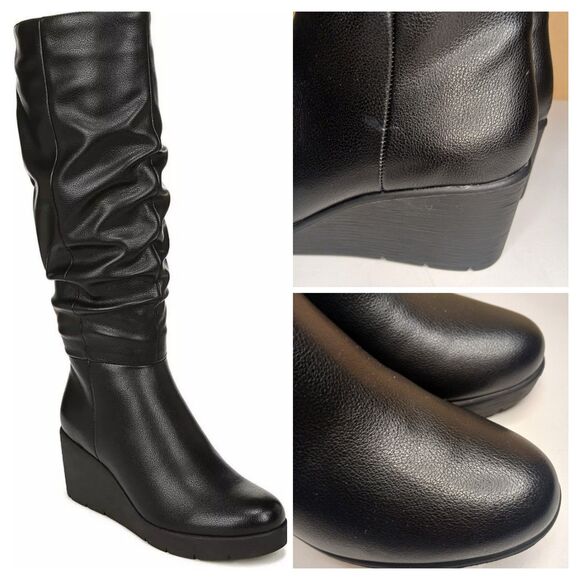 SOUL Naturalizer Sz 7W Aura Soft Black Vegan Knee-High Slouch Wedge Heel Boots - Picture 1 of 16